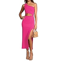 Pink Queen Women's One Shoulder Sleeveless Cutout Side Slit Bodycon Maxi Long Dress