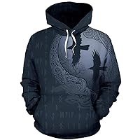 Fall 3D Viking Crow Hoodies, All Over Runes Tattoo Print Hooded Pullover, Men Sweatshirt Jacket with Pocket