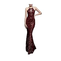 Women's Halter Neck Sleeveless Slim Fit Solid Maxi Dress Party Club Night Dress (Color : Wine Red, Size : X-Large)