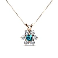 Round London Blue Topaz & Natural Diamond 7/8 ctw Women Floral Halo Pendant Necklace. Included 18 Inches Chain 14K Gold