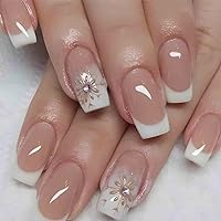 Nude Fake Nails Tips Square French Press on Nails Rhinestone Women's White False Nails Medium Length Glossy Daily Wear Artificail Nails for Nail Art Manicure Decoration 24pcs