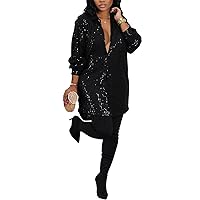 Womens Sexy Long Sleeve Lapel Button Sequins Bodycon Party Clubwear Blouse Shirts Dress