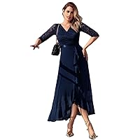 Womens Fall Fashion 2022 Contrast Lace Surplice Front Ruffle Hem Formal Dress (Color : Navy Blue, Size : XX-Large)