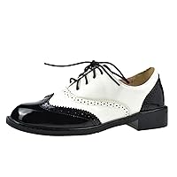 Womens Oxfords Black and White Wingtip Chunky Heeled Vintage Brogue Lace Up Two Tone Saddle Shoes
