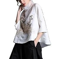 Organza Stand Collar Embroidery Oversize Women' Shirts Loose Three Quarters Elegant Blouses Summer Female Top