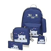 hainan Cat Backpacks Set for Teenage Girls and Student Kitty Printing Bookbag Cute School Bags Teen Girls 7 pcs for One Set Dark Blue one size
