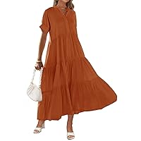 MEROKEETY Women Short Sleeve Summer Dress Button Down V Neck Ruffle Tiered Maxi Dresses