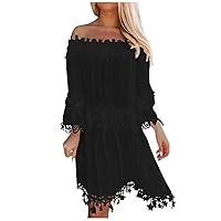 Womens Lace Floral Off Shoulder Hollow Flwoy Knee Dress Summer Long Sleeve Tunic A-Line Dresses