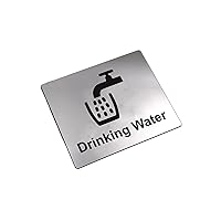 Drinking Water Tap Sink Sign with Adhesive Sticker Backing, Waterproof Metallic Silver Engraved Black with Universal Icon Symbol and Text (4.7in x 3.9in)