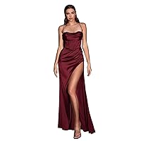 Xijun Satin Prom Dresses for Women Long with Slit Spaghetti Straps Mermaid Evening Gowns Formal Party Dress