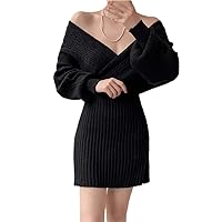 Women Knitting Dress Cross V-Neck Long Sleeve Solid Color Wrapped Lady Mini