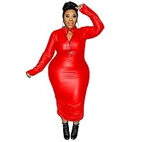 Women PU Leather Long Sleeve Bodycon Dress Sexy Turtle Neck Front Zipper Casual Pencil SkirtPlay Cosplay Uniform 7XL (X-Large,Red,X-Large)