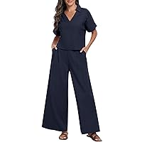 2 Piece Sets for Women Summer Casual Short Sleeve V Neck Top Wide Leg Pants Matching Set With Pocket