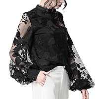 Floral Embroidery Blouses Transparent Lantern Sleeve Mesh Tops Stand Collar Loose Women Black Chiffon Blouse
