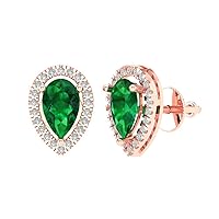 2.72ct Brilliant Pear Cut Halo Studs Simulated Emerald Solid 18k Rose Gold Earrings Screw back