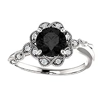 Vintage 2 CT Round Floral Black Diamond Engagement Ring 10K White Gold, Antique Flower Natural Black Diamond Ring, Victorian Floral Black Diamond Ring