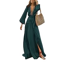 Elegant Women Deep V Neck Long Sleeve Maxi Sundress Spring Bohemian Beach Long Dress Casual Split Hem Party