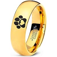 Animal Paw Print Heart Ring - Tungsten Band 8mm - Men - Women - 18k Rose Gold Step Bevel Edge - Yellow - Grey - Blue - Black - Brushed - Polished - Wedding - Gift Dome Flat