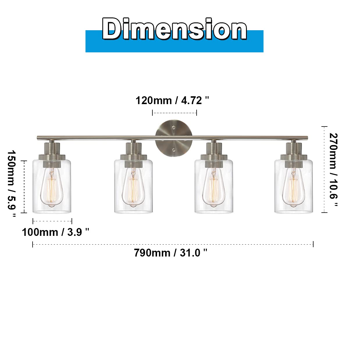 LauxaL Bathroom Lights Brushed Nickel 4 Light Modern Vanity Lighting with Glass Shade, Industrial Vintage Bath Porch Wall Light Fixture Farmhouse Wall Lamp for Kitchen Dining Room Living Room Mirror