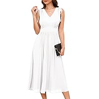 Wellwits Women's Drawstring Ruched Shoulder Pleated Midi Cocktail Vintage Dress