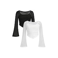 SOLY HUX Girl's Y2K Sheer Mesh Square Neck Tee Top Long Sleeve Slim Fit Going Out T-Shirt 2 Piece Set