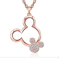 Classic Round Cut Cubic Zirconia Mickey Mouse Pendant 18''Chain Necklace 14K Rose Gold Plated 925 Sterling Silver for Women's Girls Birthday Gift