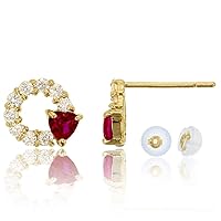 14K Yellow Gold Round Open Circle with 3mm Red Ruby Heart Stud & 14K Silicon Back