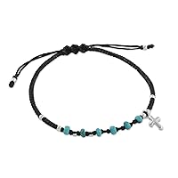 NOVICA Handmade Silver Beaded Macrame Bracelet 950 Reconstituted Turquoise Cross Sterling Blue Cord Thailand Hill Tribe Birthstone 'Sweet Faith'