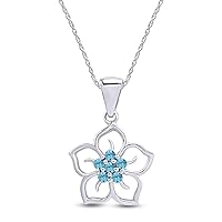 AFFY Round Cut Simulated Aquamarine Flower Pendant Necklace in 14k Gold Over Sterling Silver