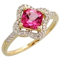 14k Gold Stone Ring, w/ 0.18 Carat Brilliant Cut Diamonds & 0.96 Carat 6mm Cushion Cut Pink Topaz Stone, 7/16