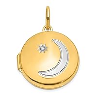 14k With White Rhodium 20mm Diamond Celestial Moon and Star Round Photo Locket Pendant Necklace Jewelry for Women
