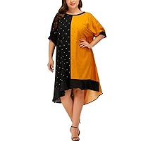 2024 Women's Plus Size Fashion Color Block Dress Round Neck Half Sleeve Polka Dot Print Loose Irregular Hem Midi Dress