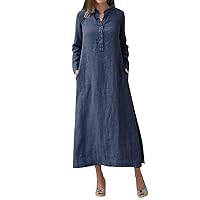 Women Kaftan Cotton Long Sleeve Plain Casaul Oversize Shirt Dress Plus Casual Midi Dress
