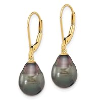 14K Yellow Gold 8 9mm Teardrop Black Saltwater Tahitian Pearl Leverback Earrings