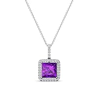 Princess Cut Amethyst & Round Diamond 1.73 ctw Women Halo Pendant Necklace 14K Gold
