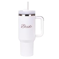 Bride's 40 Oz Tumbler with Handle and Straw - Insulated Stainless Steel Water Bottle Fits in Car Cup Holder - Double Walled Water Bottles and Lid - Unique Gift for Women - White - Rose Quartz