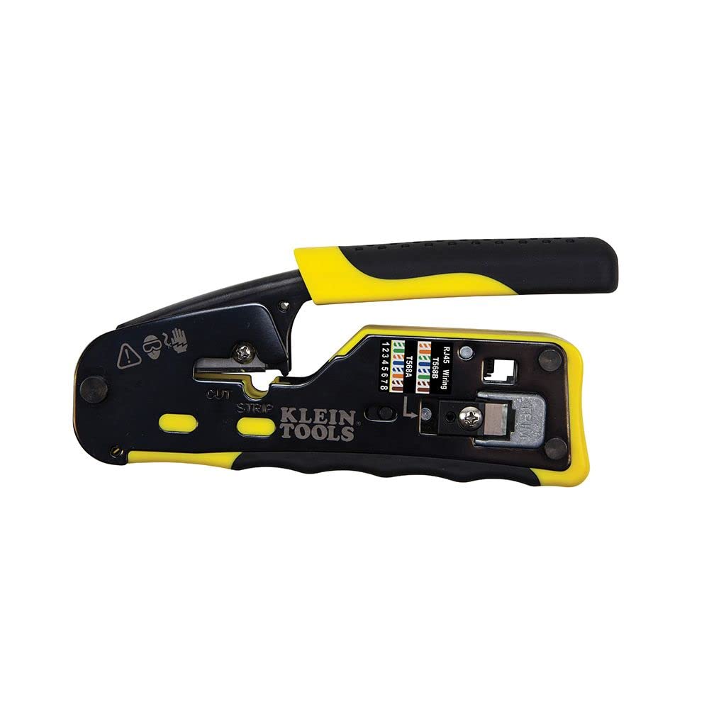 Klein Tools VDV226-110 Ratcheting Modular Data Cable Crimper / Wire Stripper / Wire Cutter for RJ11/RJ12 Standard, RJ45 Pass-Thru Connectors