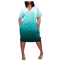 Womens Spring Fashion 2023 Dresses, Women's Summer Plus Size V-Neck Short Sleeve Knee Pocket Printed Casual Dress