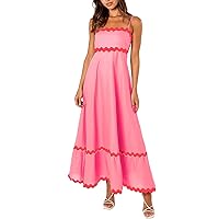 Boho Summer Dresses 2024 Vacation Spaghetti Strap Backless RIC Rac Trim Tiered A-Line Long Casual Swing Sundress Maxi Dresses