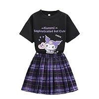 Cute Girl's 2 Piece Print Sweatshirt and Plaid Skater Skirt Set