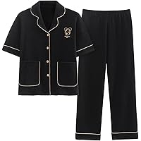 2 Pcs Girl Teens Pajamas Cotton Pan Collar Button Down Short Sleeve Tee Top+ Pants Loungewear PJ Clothes Set