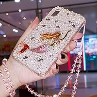 Sparkly Phone Case for iPhone 13 Pro Max with Glass Screen Protector [2 Pack],Diamonds Handmade Women Shockproof Protective Cover & Crystals Lanyard (Pink Mermaid)