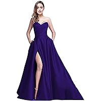 Women's Sweetheart Strapless Evening Dresses Satin High Slit with Pocket Long Prom Dress J212