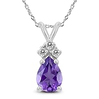 8x6MM Pear Shape Natural Gemstone And Three Stone Diamond Pendant in 14K White Gold and 14K Yellow Gold (Available in Amethyst, Citrine, Blue Topaz, and More)