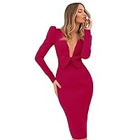 Women's V Neck Long Sleeves Evening Dresses Mermaid Satin Prom Gowns Hot Pink