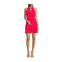 Vince Camuto Womens Pink Ruffled Sheer Keyhole Tiered Lined Sleeveless Halter Above The Knee Party Fit + Flare Dress Petites 12P