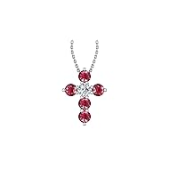 14k White Gold timeless cross pendant set with 5 beautiful round red ruby stones (.47ct, AA Quality) encompassing 1 round white diamond, (.1ct, H-I Color, I1 Clarity), dangling on a 18