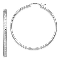 925 Sterling Silver Hollow Hinged hoop Rhodium Plated Satin Diamond Curt Hoop Earrings Measures 41x41mm Wide 3mm Thick Jewelry for Women