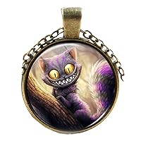Alice in Wonderland Purple Cartoon Cheshire Cat Pendant Antiqued Bronze Necklace