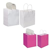 Oikss Each 100 Pack Medium White & Fuchsia Kraft Paper Gift Bags with Handles Bulk